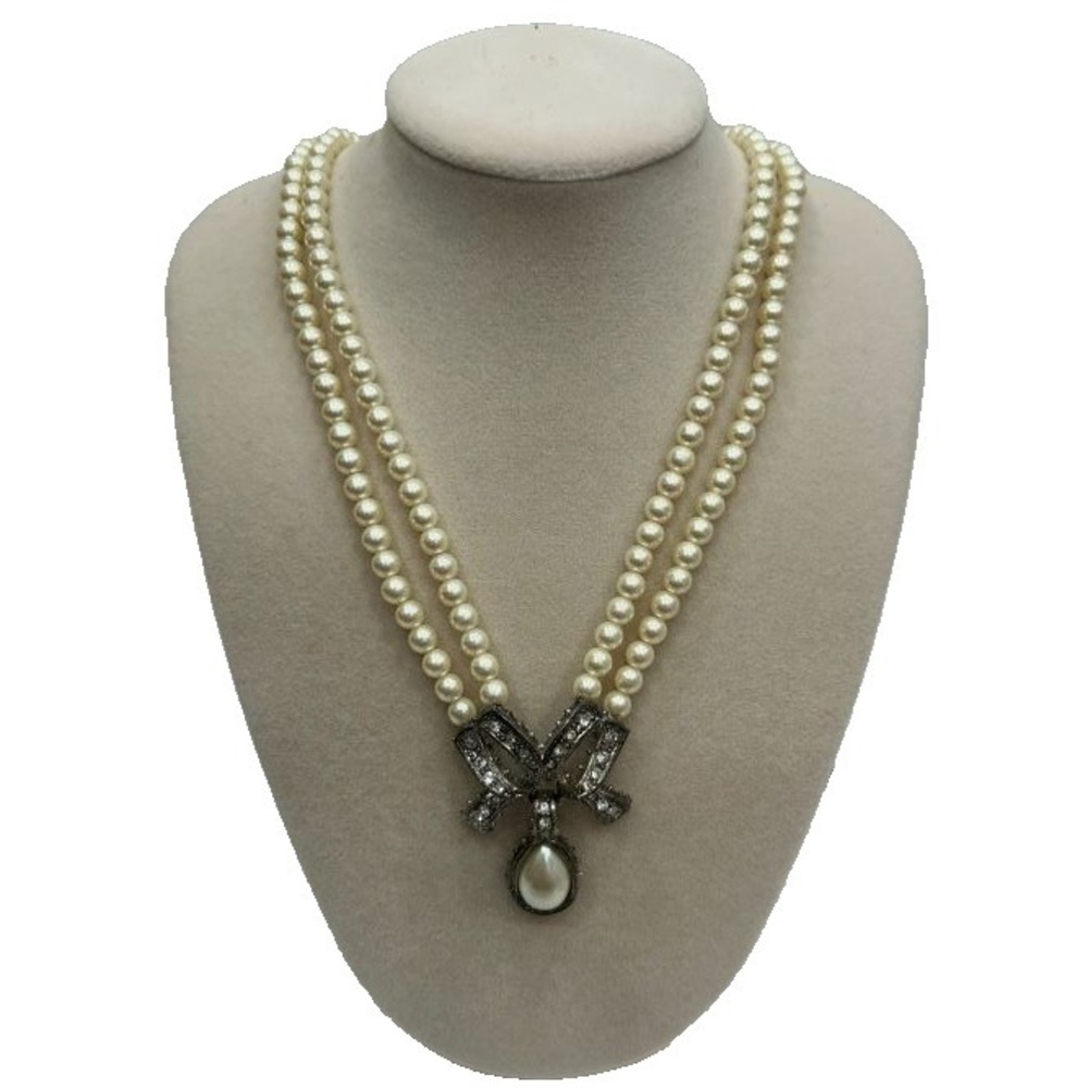 Vintage Double Strand Faux Pearl Rhinestone Teardrop Bow Pendant‎ Necklace 19"